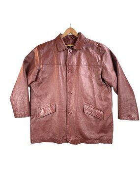 Vintage KS Coat Mens 2XL Red Leather Overcoat Quilted Lined Button Front Jacket